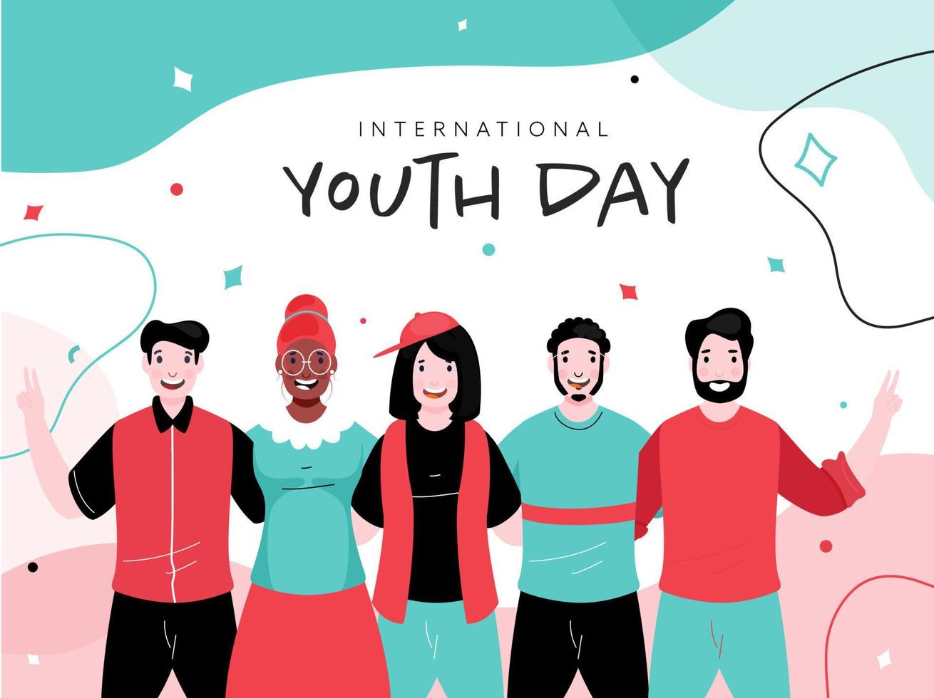 Cheerful Young Boys and Girls Group in Photo Capturing Pose on Abstract Background for International Youth Day. vector