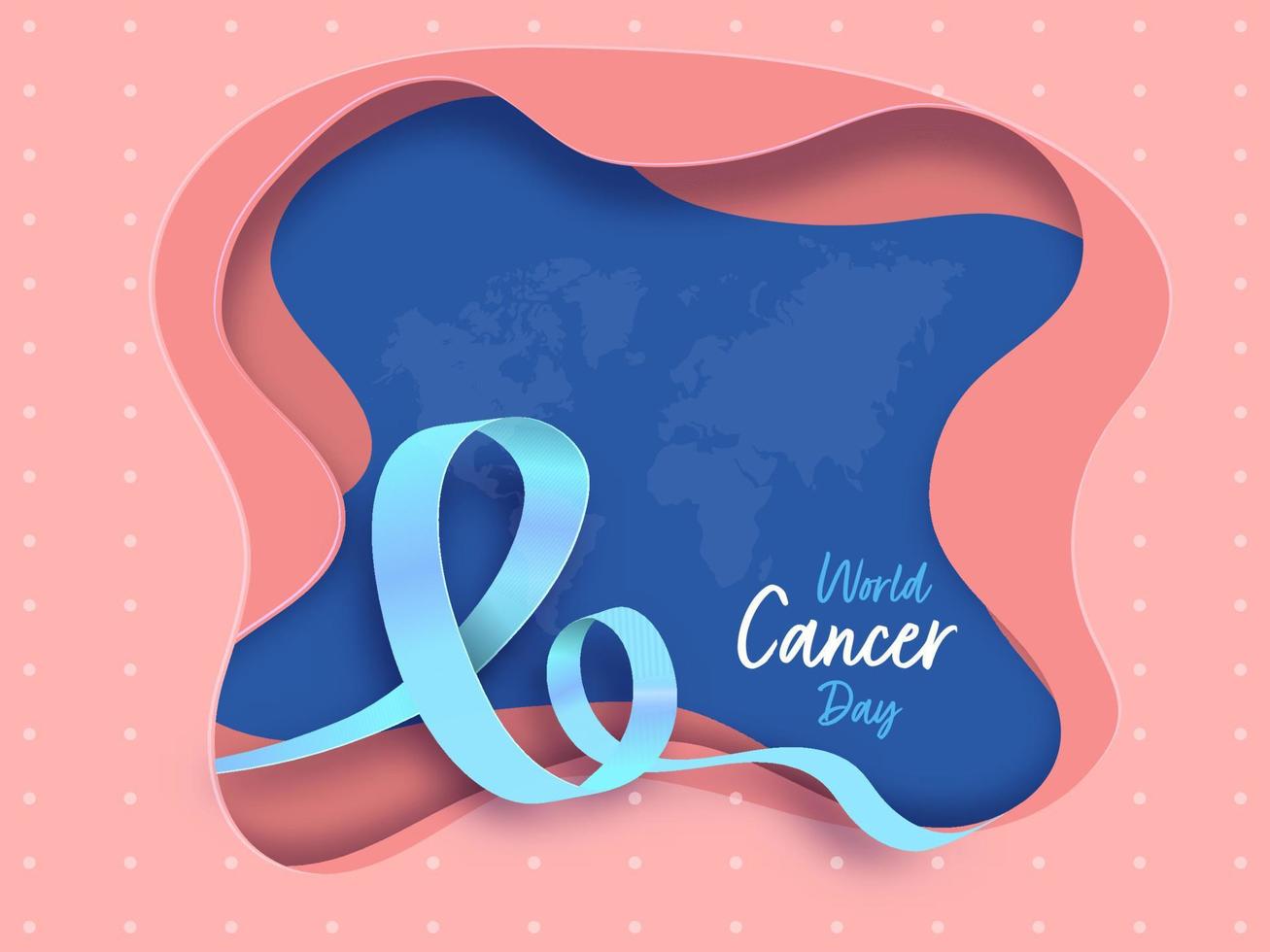 Paper Layer Cut Background With Blue Awareness Cross Ribbon For World Cancer Day Concept. vector