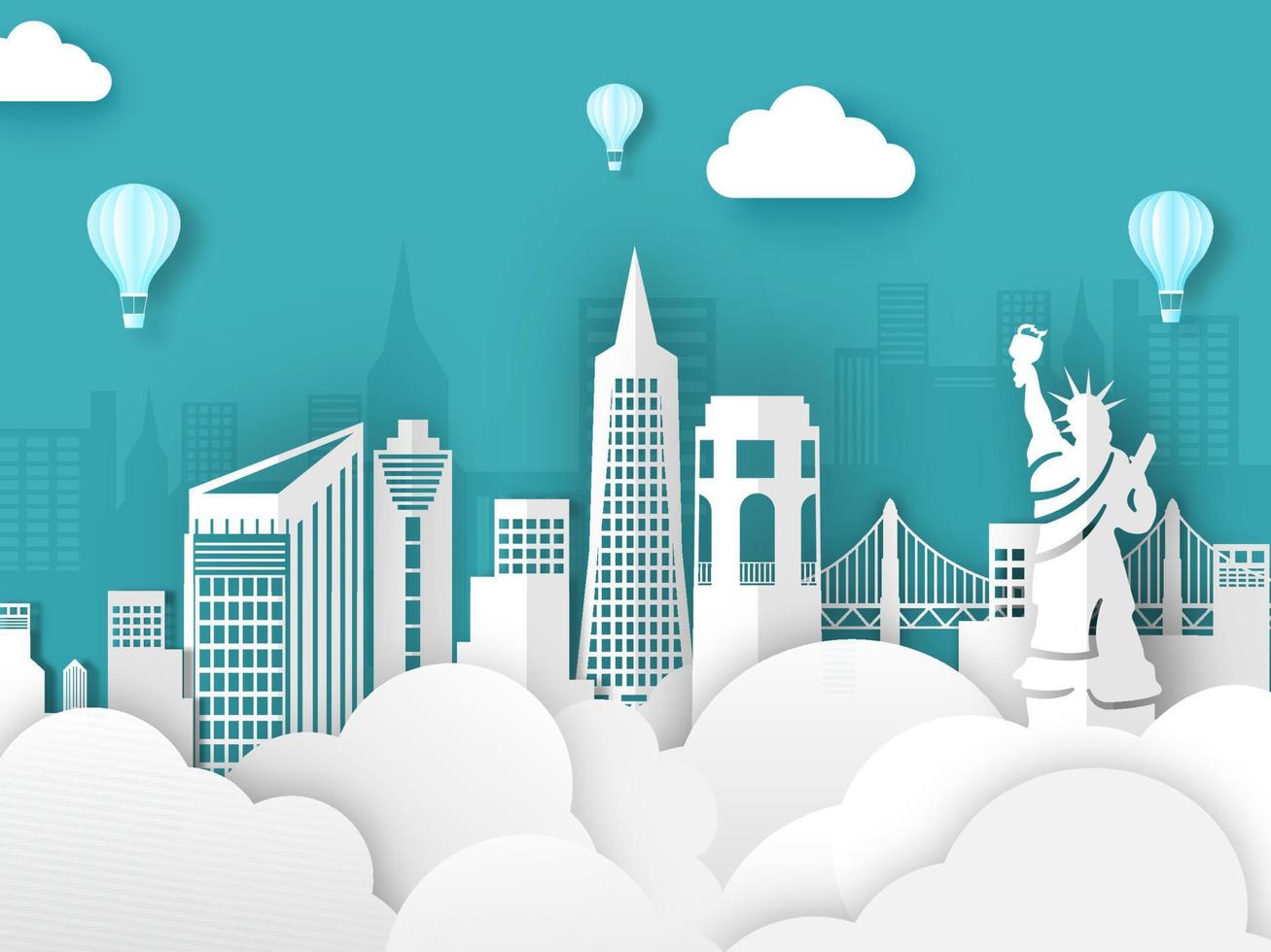 Paper Craft Skyscraper Building with Famous Monuments, Bridge and Hot Air Balloons on Clouds Background. vector