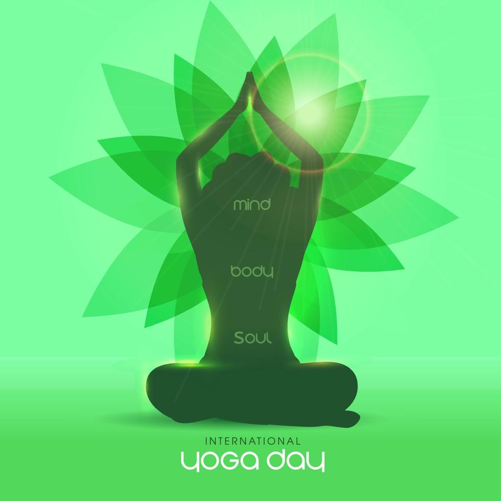 Silhouette Female Meditating in Lotus Pose with Flower and Sunshine on Green Background for International Yoga Day. vector