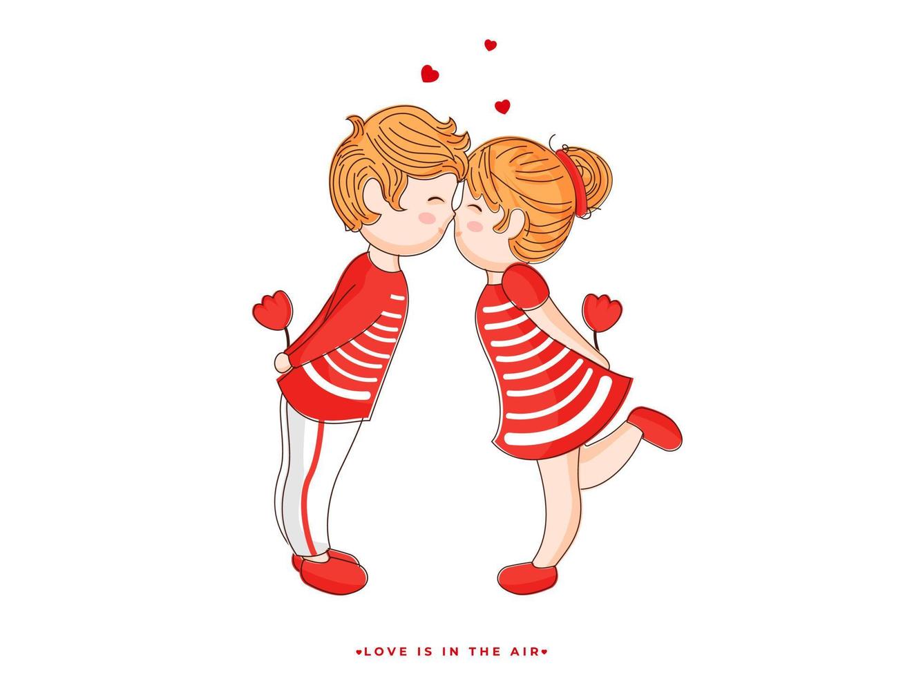 Cartoon Cute Couple Kissing in Standing Pose on White Background. vector