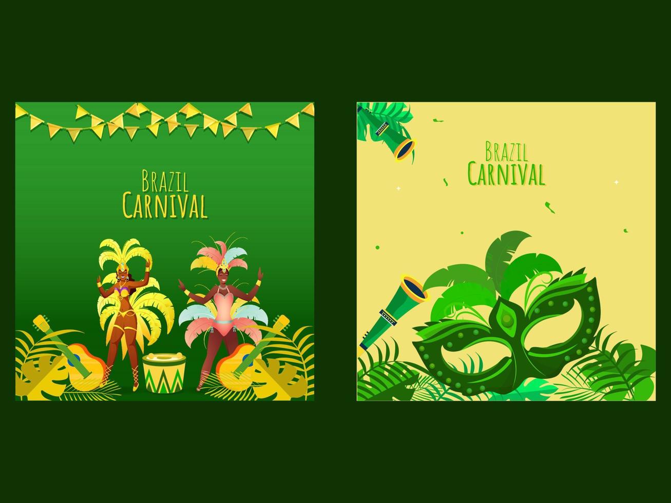 Brasil carnaval póster diseño con samba hembra bailarines, música instrumentos en antecedentes en dos color opciones vector