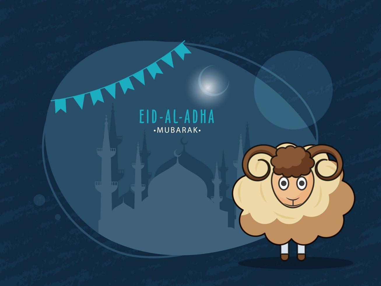 Eid-Al-Adha Mubarak Text with Crescent Moon, Silhouette Mosque and Cartoon Sheep on Blue Grunge Background. vector