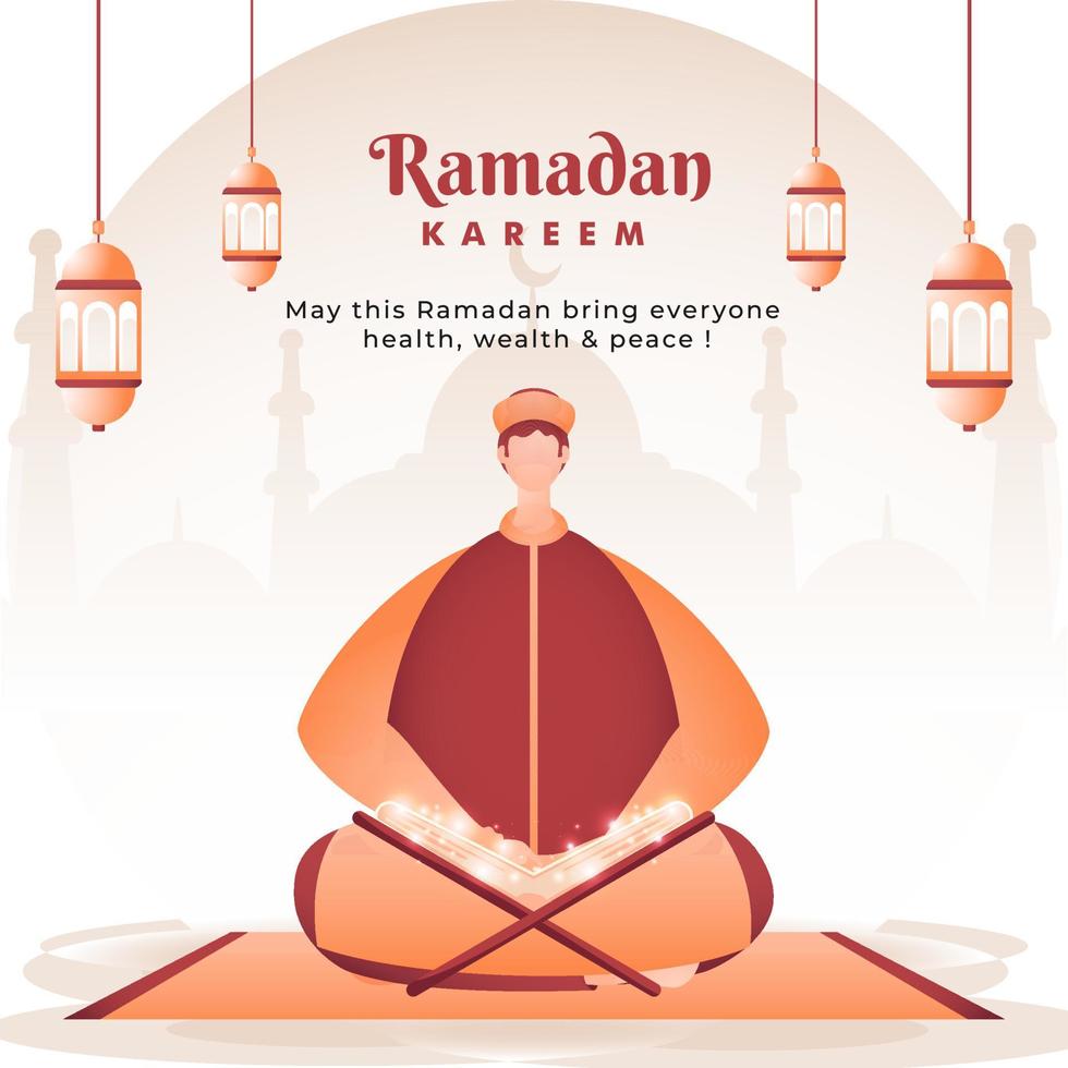Ramadan Kareem Poster Design with Cartoon Muslim Man Reading a Quran Holy Book, Magical Light Effect and Hanging Lanterns Decorated Background. vector