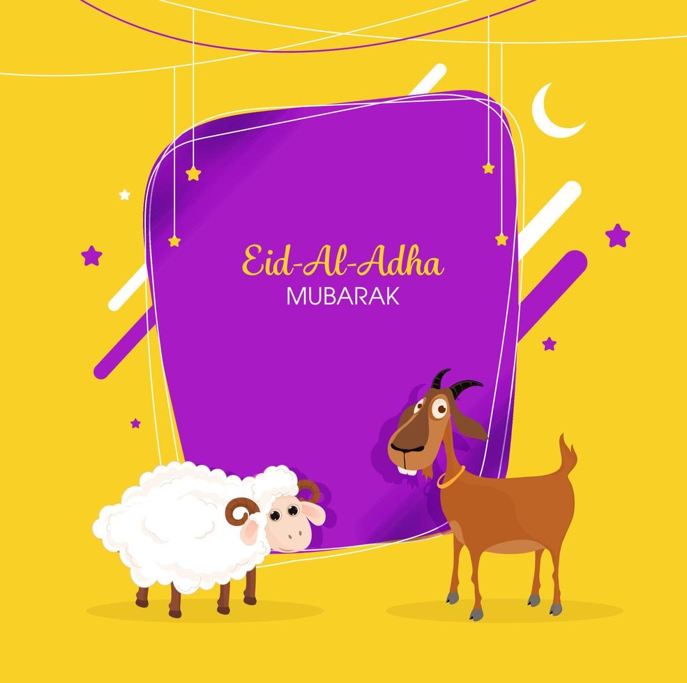 Eid al-Adha Mubarak fuente con dibujos animados oveja, cabra, creciente Luna y estrellas decorado en púrpura y amarillo antecedentes. vector