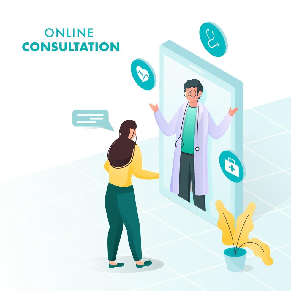 Illustration Of Woman Talking To Doctor Man From Video Calling In 3D Smartphone For Online Consultation Concept. vector