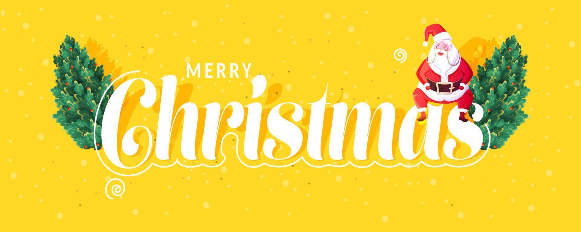 Merry Christmas Font with Cartoon Santa Claus and Cherry Trees on Yellow Background. vector