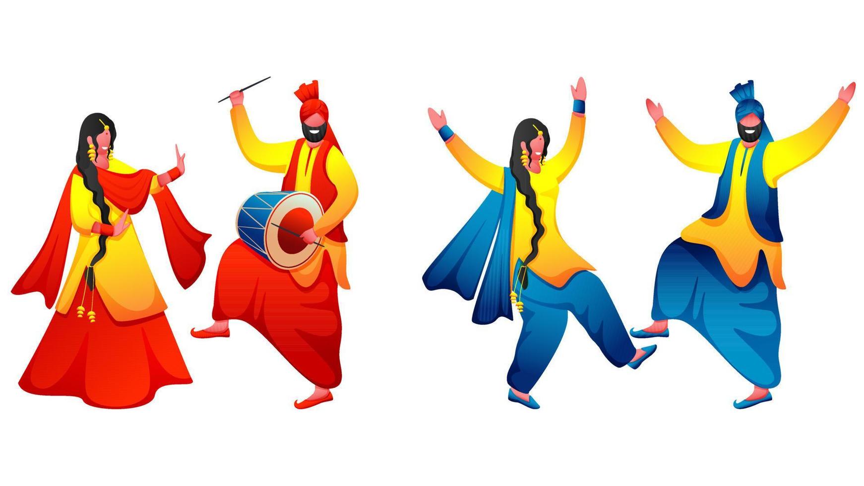 Two Images Of Punjabi Couple Performing Bhangra Dance With Dhol Instrument On White Background vector