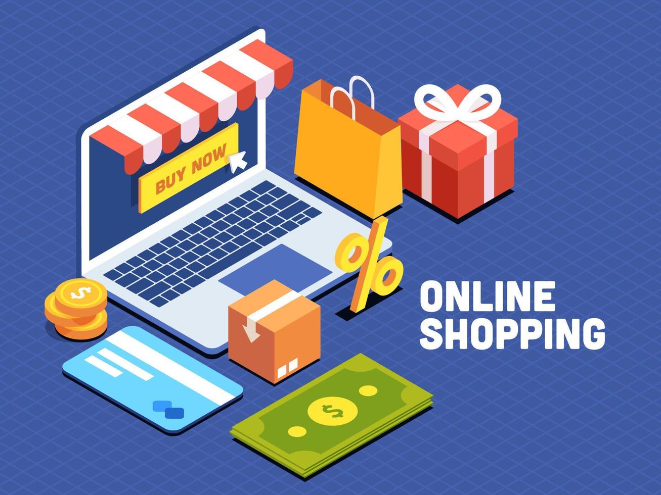 Online Shopping from Laptop with Percentage Symbol, Carry Bag, Gift, Parcel Box, Cash and Payment Card on Blue Grid Background. vector