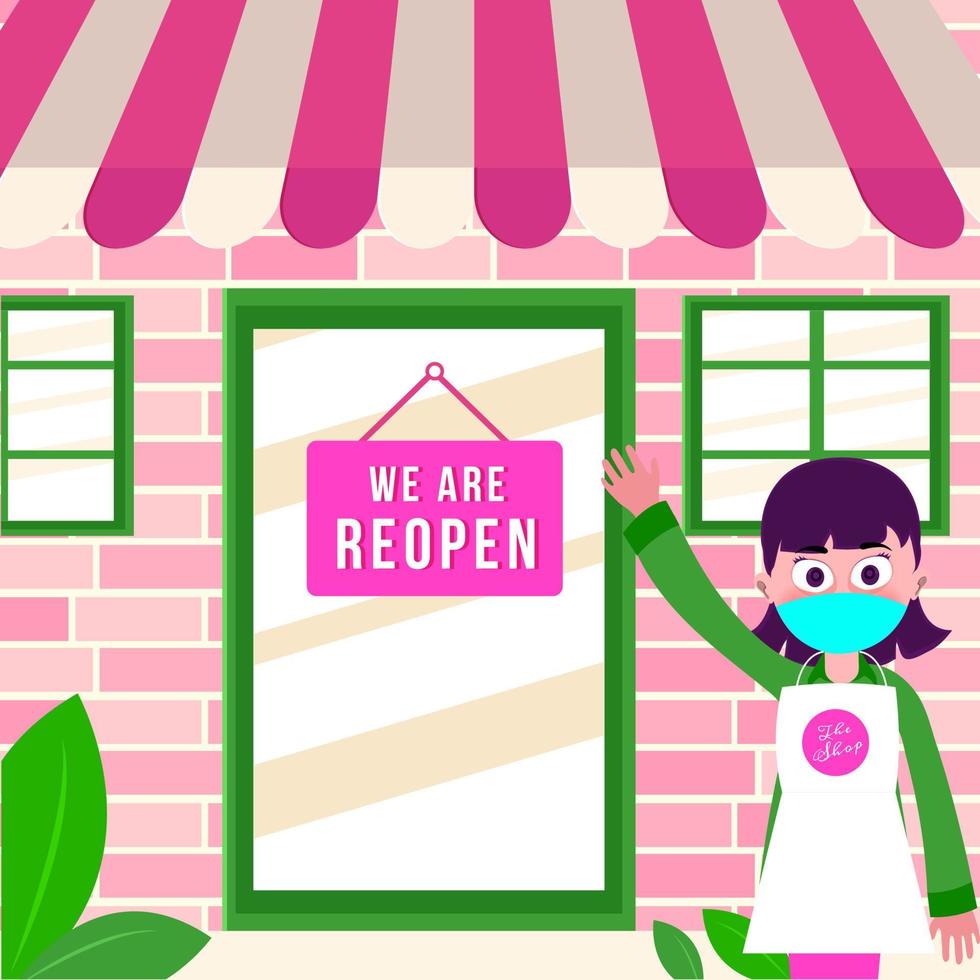 Cartoon Girl Showing Shop with We Are Reopen Sign Board. vector