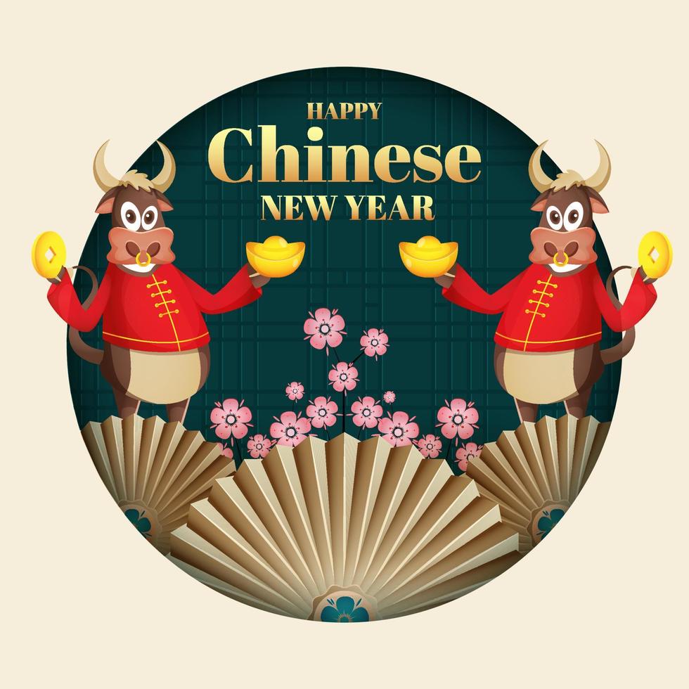 Illustration of Two Cartoon Ox Holding Ingot with China Emperor's Coins, Flower Branches and Folding Fan on Paper Cut Circle Shape Background for Happy Chineses New Year Celebration. vector