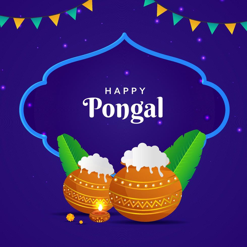 Happy Pongal Text With Traditional Dish In Mud Pots, Banana Leaves, Lit Oil Lamp And Bunting Flag On Blue Background. vector
