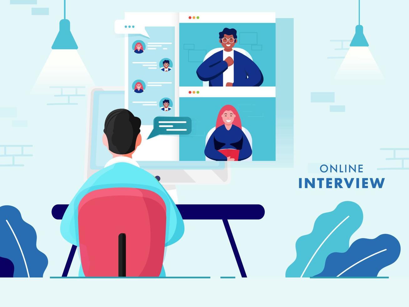 Back View of Businessman having Video Conference from People in Computer for Online Interview, Job Vacancy. vector