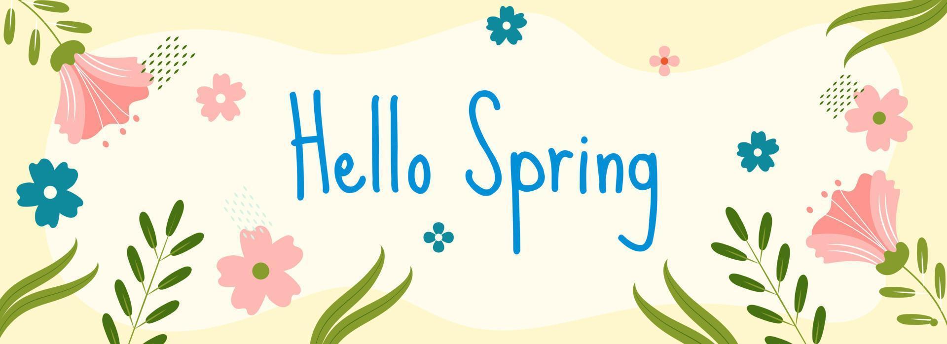Hello Spring Text on Pastel Yellow Background Decorated with Flowers and Leaves. vector