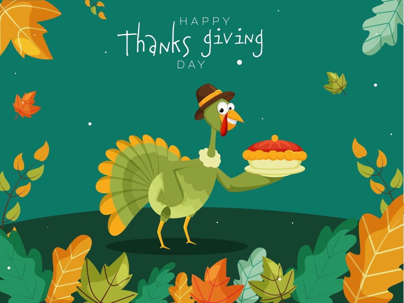 Illustration of Cartoon Turkey Bird Presenting Pie Cake and Autumn Leaves Decorated on Green Background for Happy Thanksgiving Day. vector