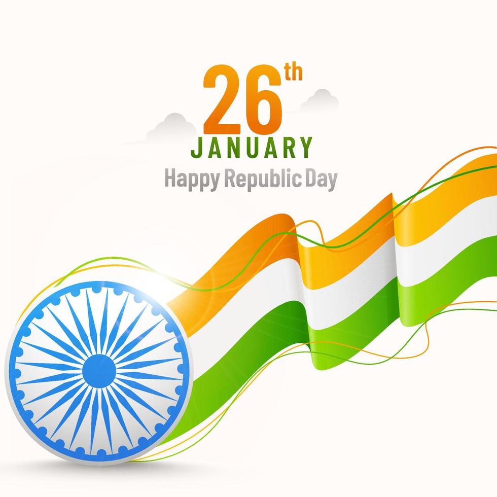 26th January Happy Republic Day Poster Design With Ashoka Wheel And Wavy Tricolor Ribbon On White Background. vector