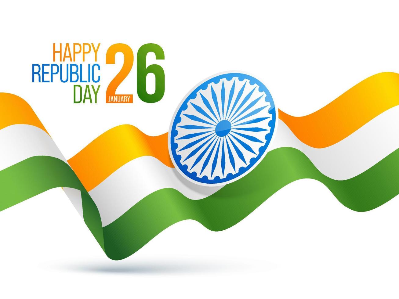 26th January Happy Republic Day Text With Wavy Indian Tricolor Ribbon And Ashoka Wheel On White Background. vector