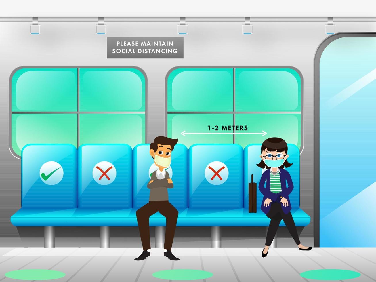 Illustration of man and woman wearing medical mask travelling at train with maintain social distance to prevent from Coronavirus. vector