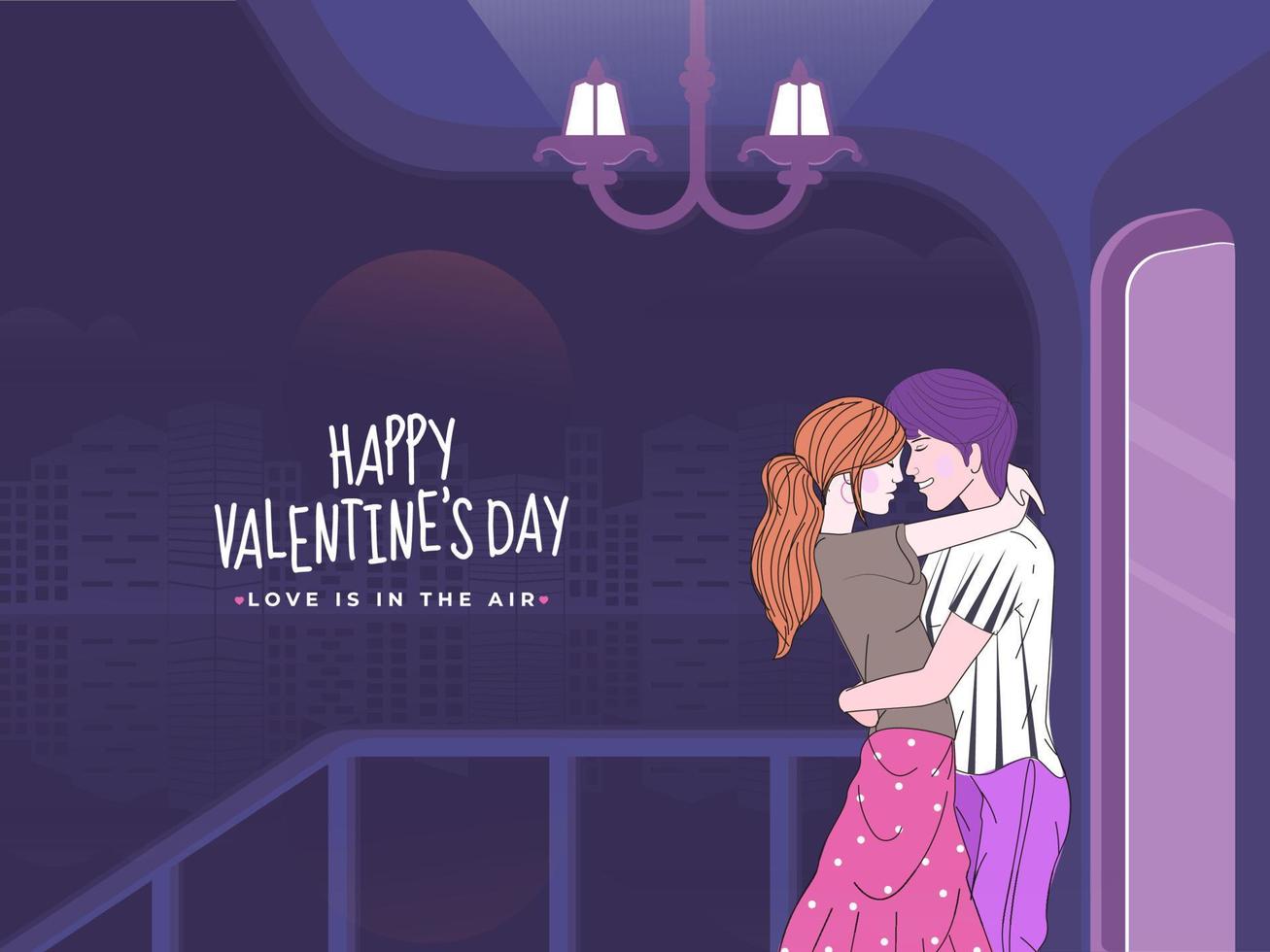 joven amoroso Pareja abrazando en balcón de el casa con noche ciudad ver para contento San Valentín día, amor es en el aire concepto. vector