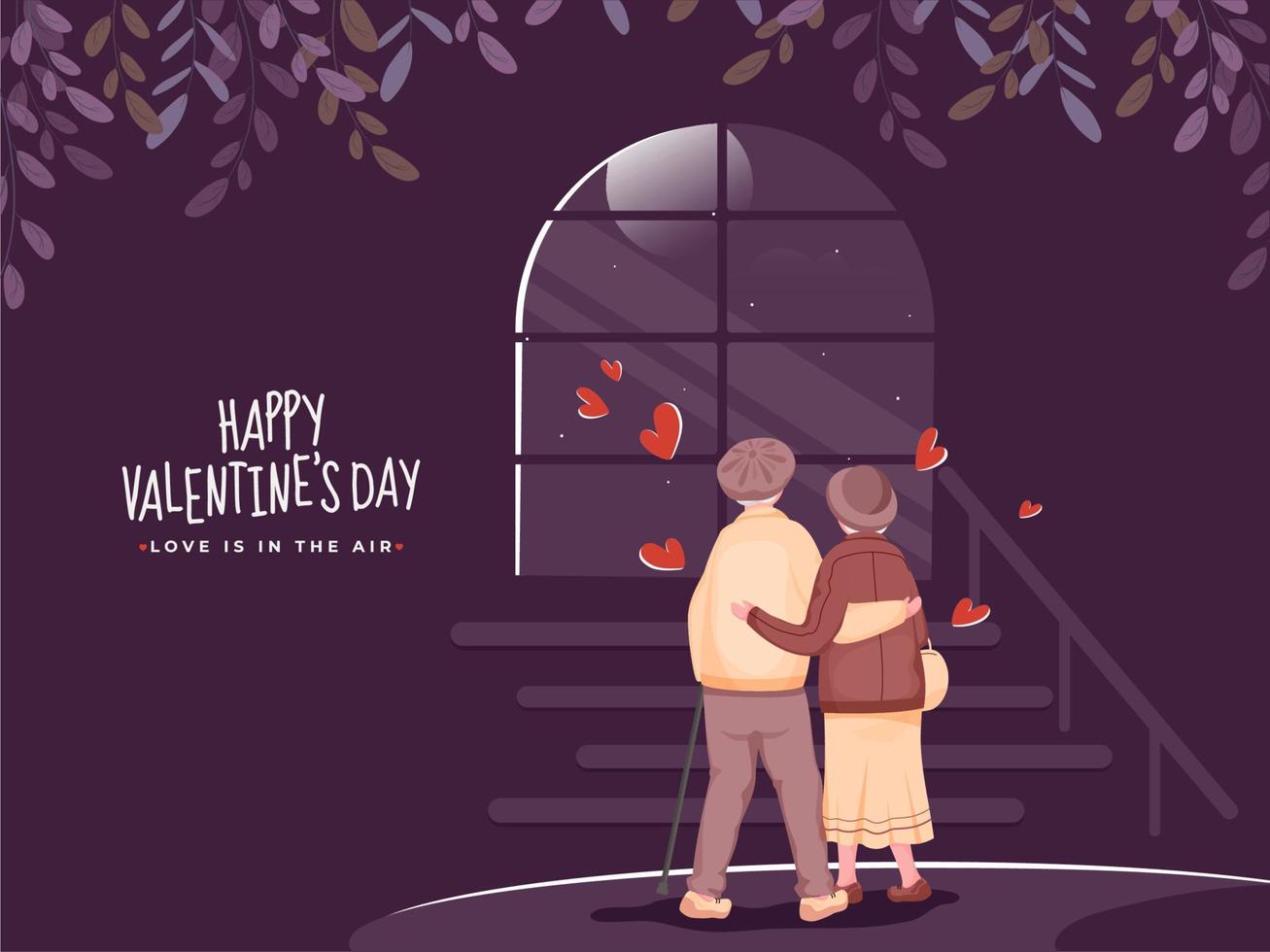 Happy Valentine's Day Concept with Back View Elderly Couple Look At Moon From Window on Purple Background. vector