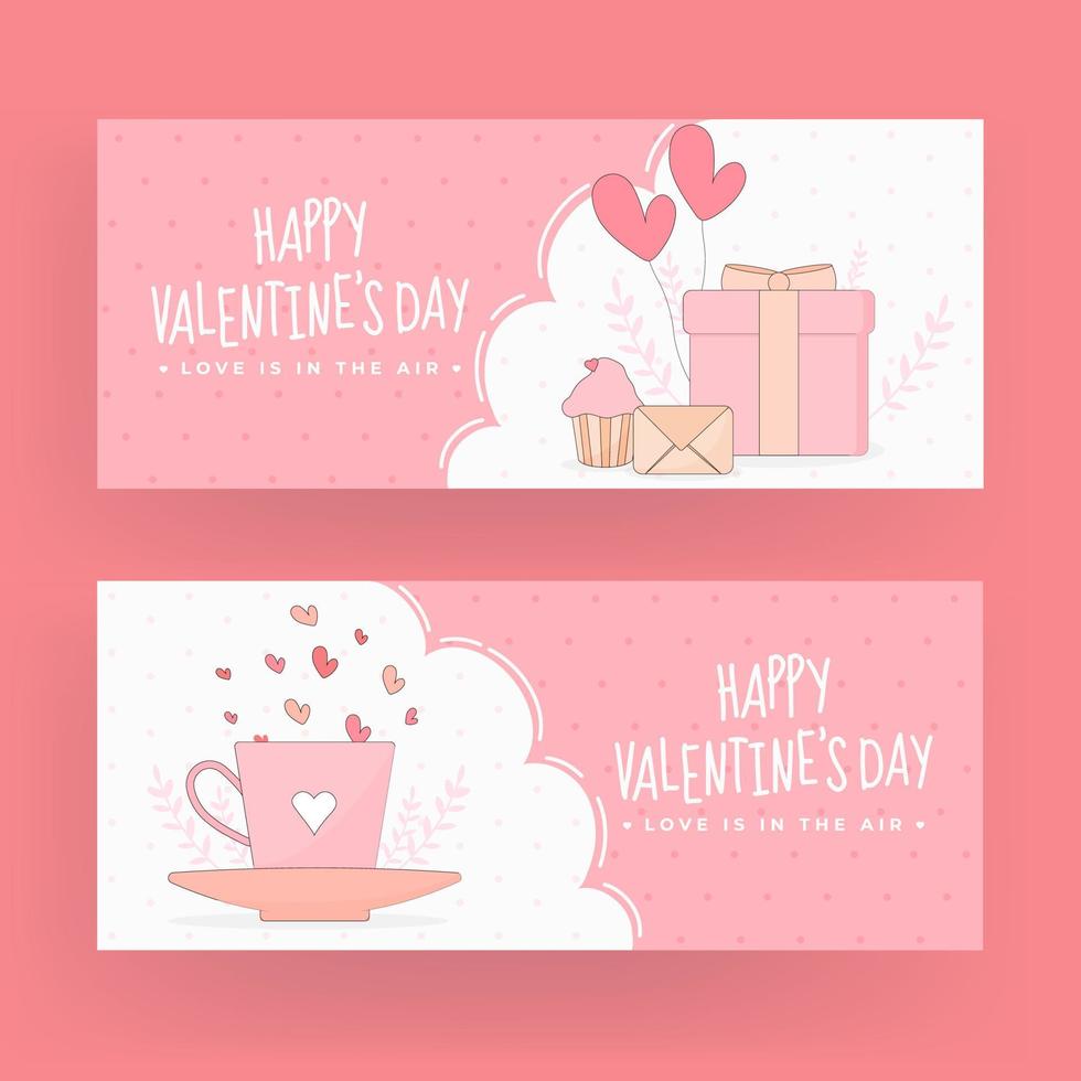 contento San Valentín día encabezamiento o bandera diseño con regalo caja, magdalena, sobre, corazón globos y café taza en dos opción. vector