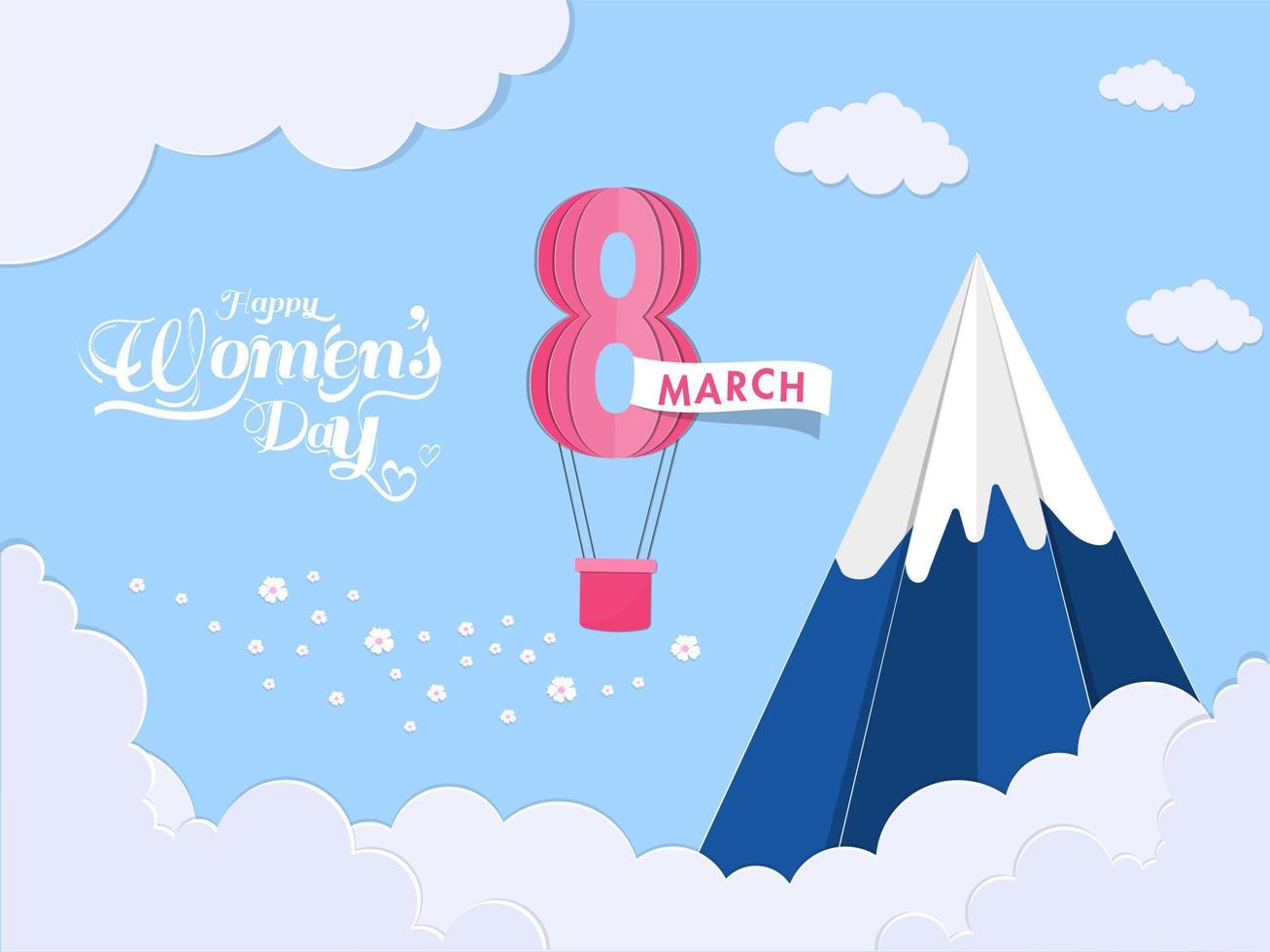 Paper Cut Cloudy Background with Snow Mountain and 8 March Shape Hot Air Balloon for Happy Women's Day Celebration Concept. vector