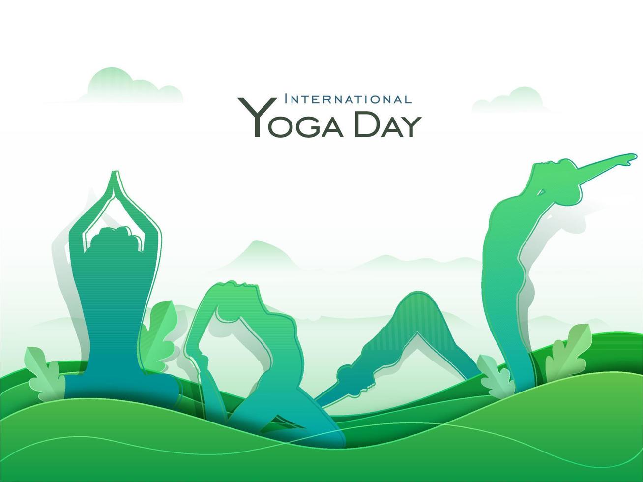 Paper Cut Illustration of Women Doing Yoga in Different Poses with Green Leaves for International Yoga Day. vector