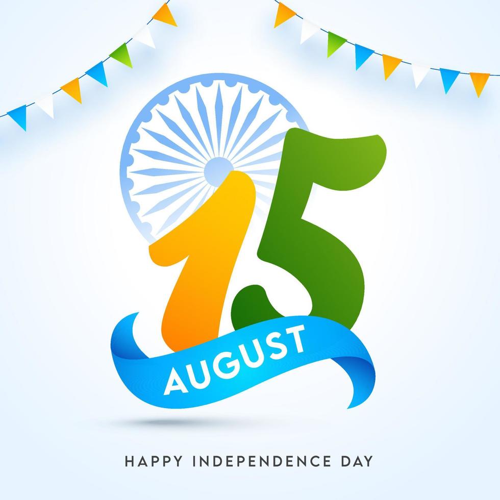 15 August Text with Ashoka Wheel and Bunting Flags Decorated on Glossy Background for Happy Independence Day. vector