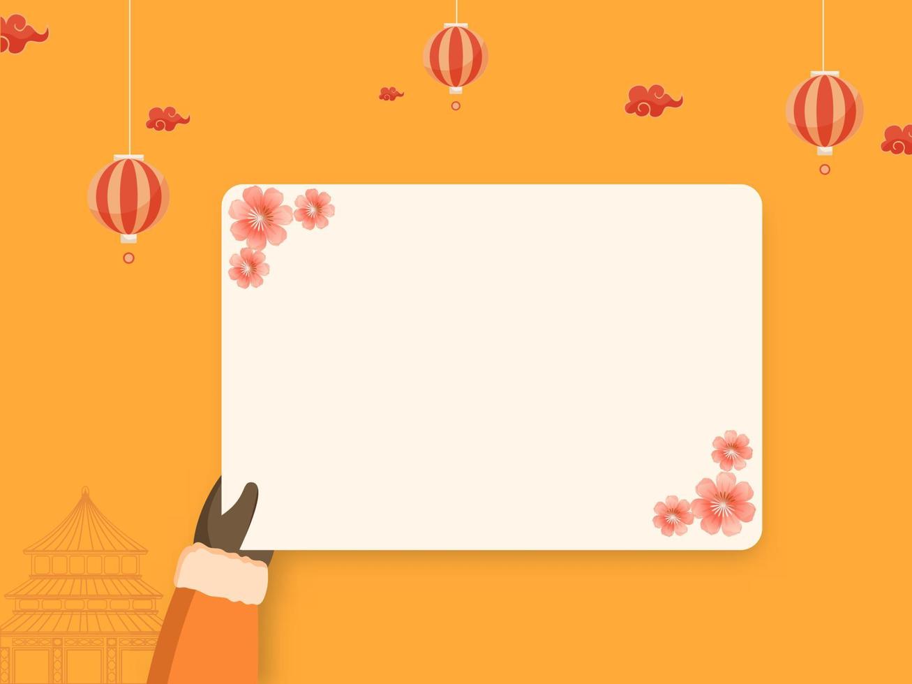 mano participación vacío saludo tarjeta con sakura flores, linternas colgar y línea Arte chino templo en amarillo antecedentes. vector