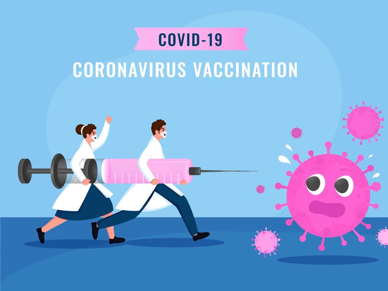 covid-19 vacunación desarrollo concepto, médico hombre y mujer agresor a coronavirus desde vacuna jeringuilla en azul antecedentes. vector