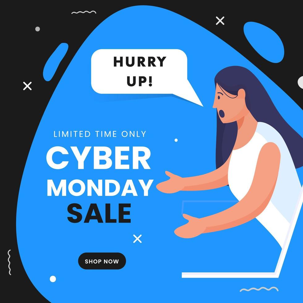 Cyber Monday Sale Poster Design with Woman Saying Hurry Up From Laptop on Blue and Black Background. vector