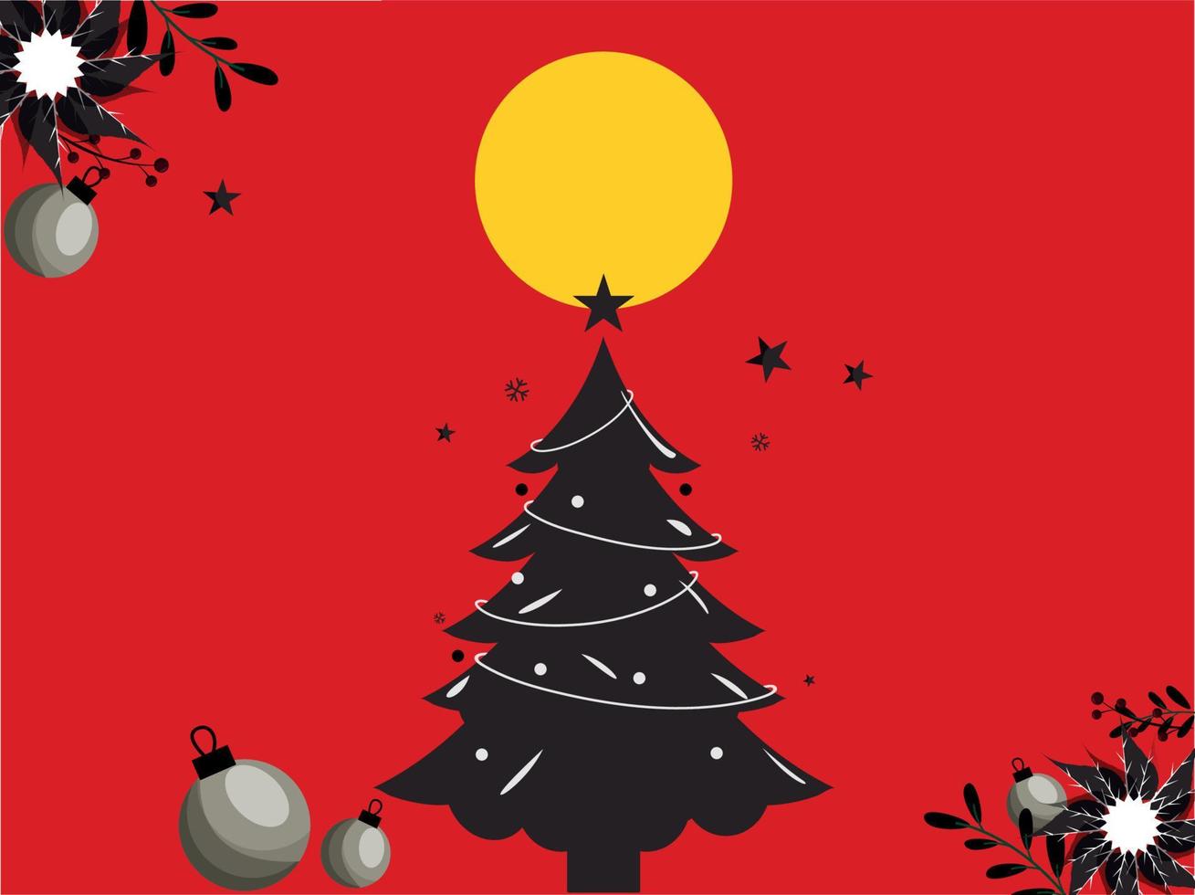 Vector Illustration Of Xmas Tree With Baubles, Poinsettia Flowers And Full Moon On Red Background.