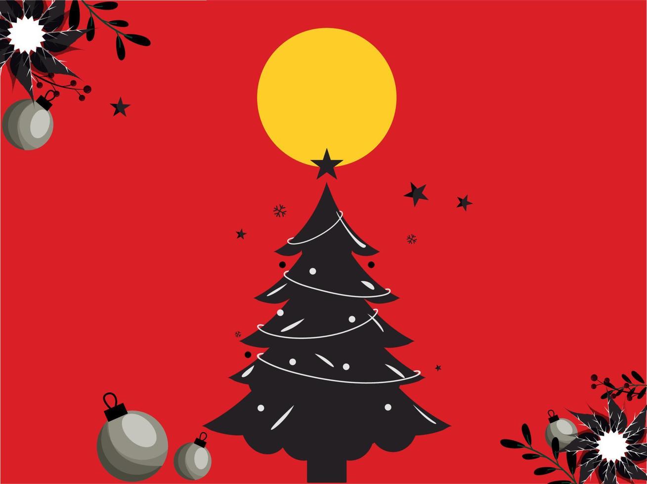 vector ilustración de Navidad árbol con adornos, flor de pascua flores y lleno Luna en rojo antecedentes.