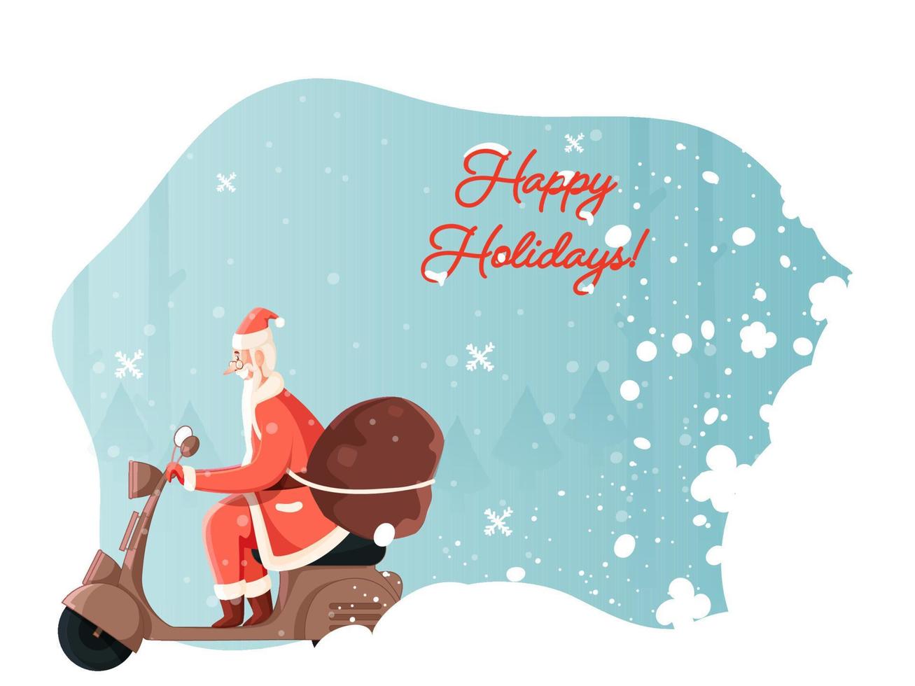 Side View Of Cheerful Santa Claus Riding Scooter With Heavy Bag On Blue And White Snowfall Background For Happy Holidays. vector