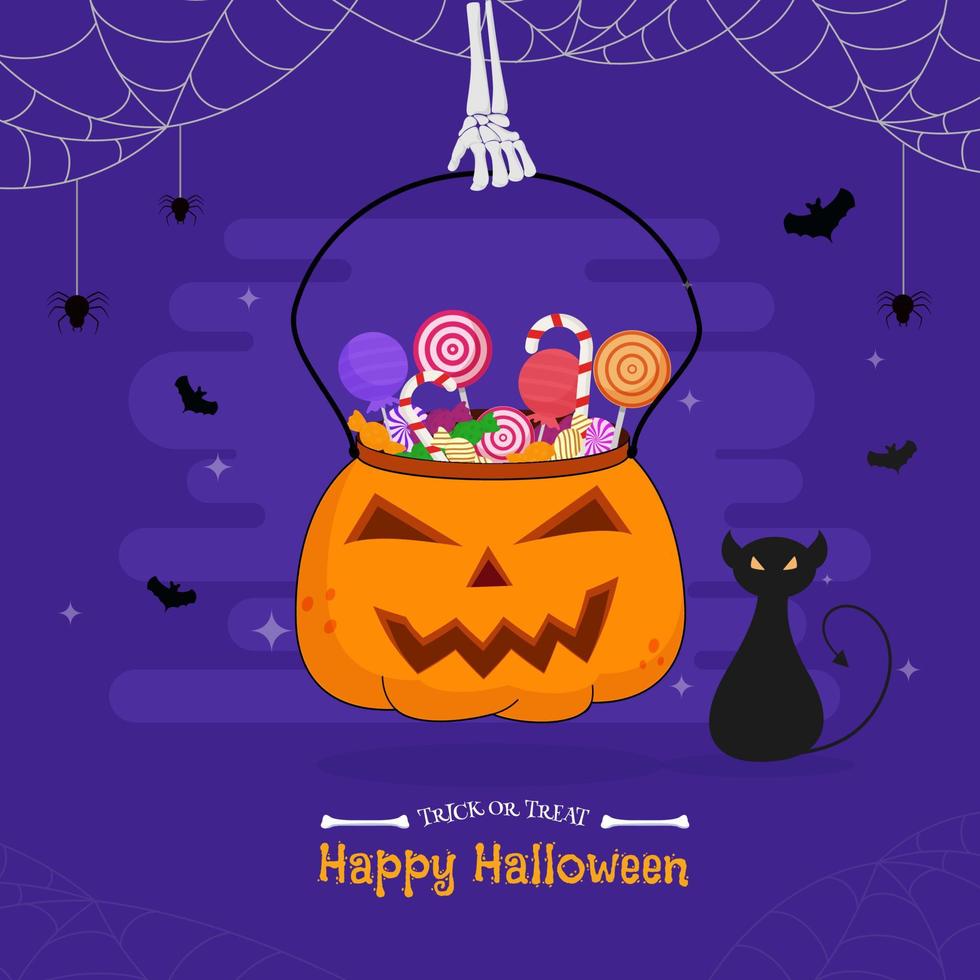 Skeleton Hand Holding Pumpkin Basket Full of Candies with Scary Cat, Spiderweb and Bats Fly on Violet Background for Happy Halloween. vector