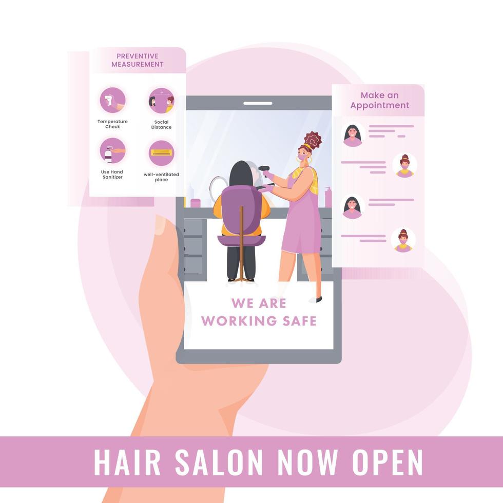 Female Hair Salon Now Open Advertising From Smartphone With Preventive Measurement And Make Appointment On White And Pink Background. vector