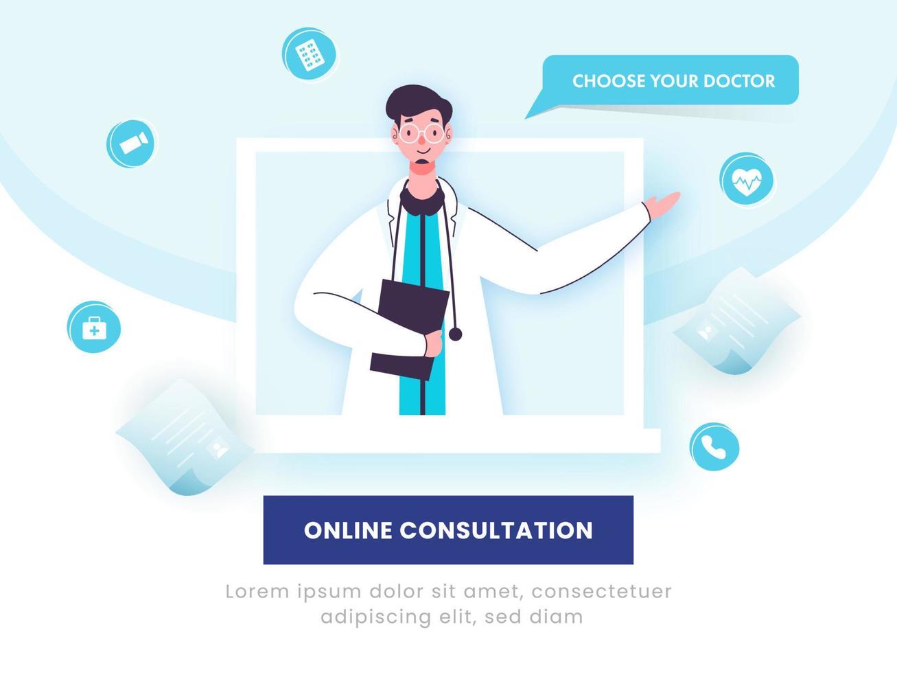 Online Consultation Concept, Doctor Man Character in Laptop Screen and Medical Elements on Blue and White Background. vector