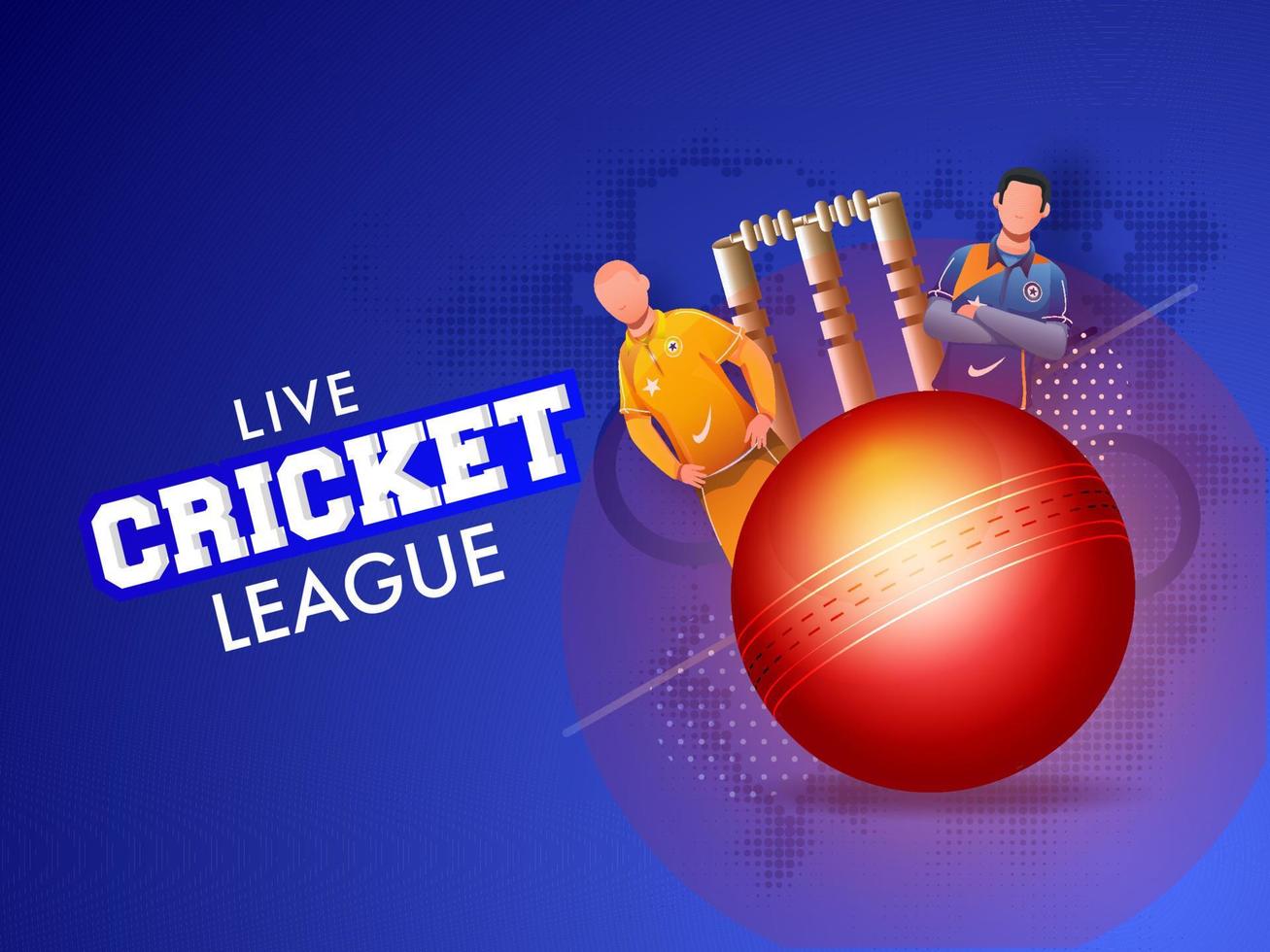 Live Cricket League Poster Design with Realistic Red Ball, Wicket Stumps and Faceless Players in Different Attire on Blue Halftone Effect Background. vector