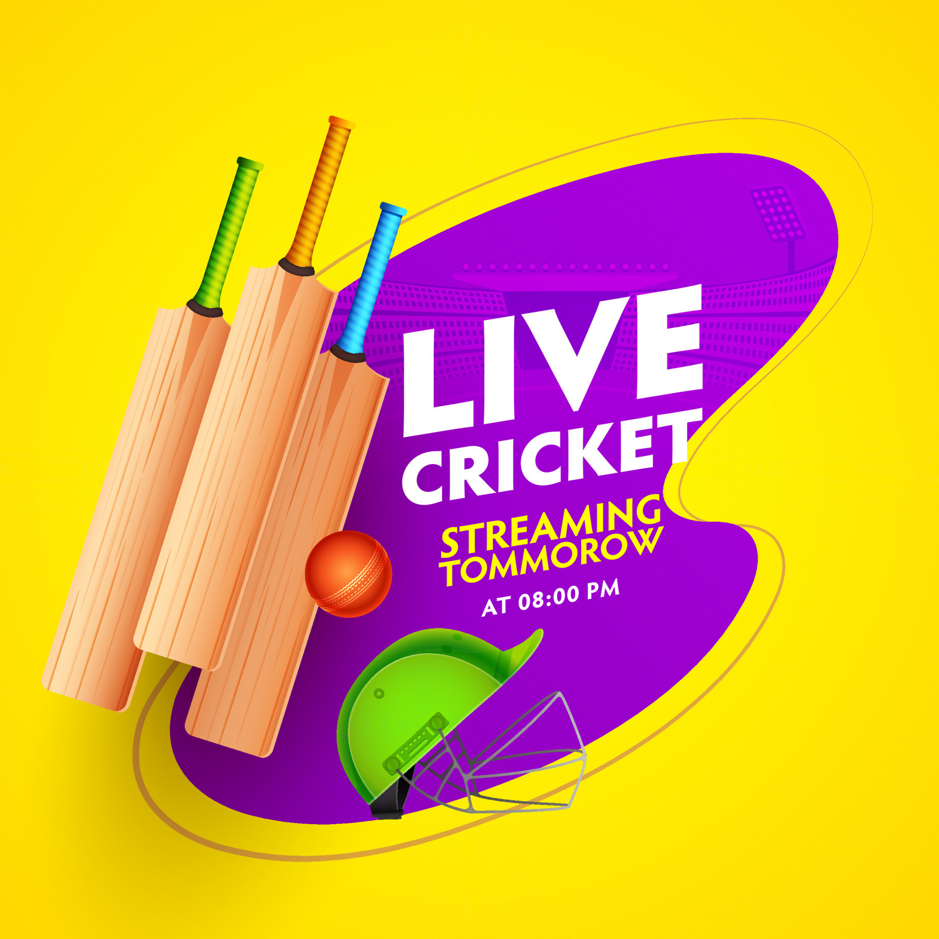 Live Cricket Streaming Match Poster Design with Realistic Equipments and Purple Stadium View on Yellow Background
