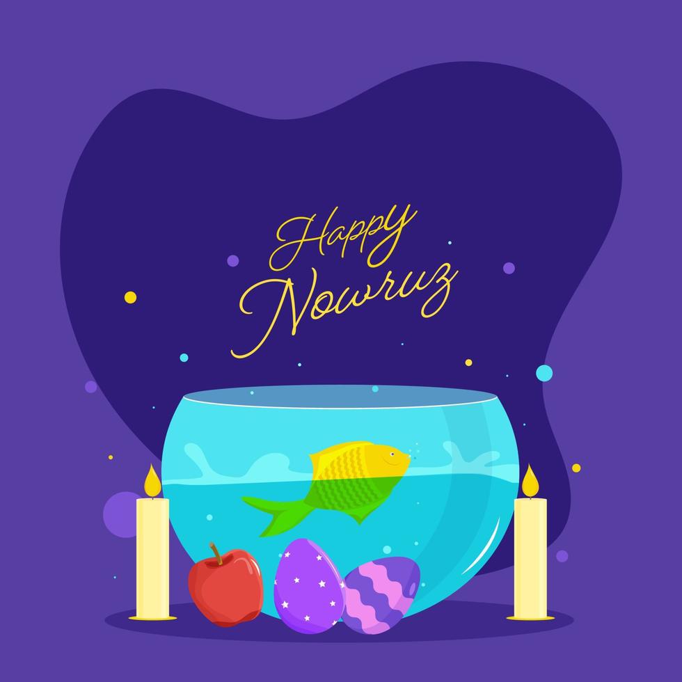 Happy Nowruz Celebration Concept with Goldfish Bowl, Apple, Painted Eggs and Illuminated Candles on Purple Background. vector
