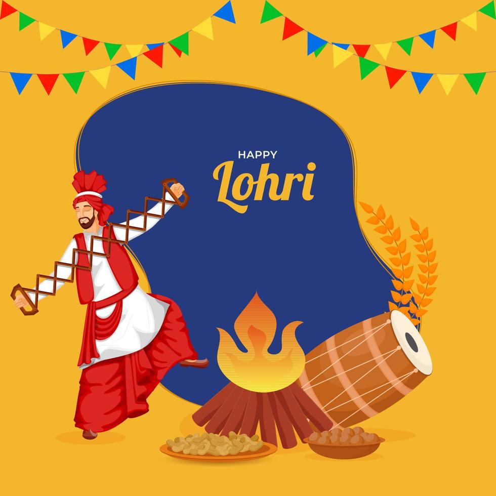 Happy Lohri Concept With Punjabi Man Playing Sapp Instrument, Dhol, Foods, Bonfire Illustration On Yellow And Blue Background. vector