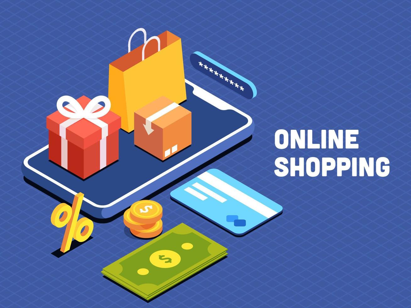 3D Smartphone with Star Rating, Carry Bag, Boxes, Percentage Symbol, Cash and Credit Card for Online Shopping and Payment Concept. vector