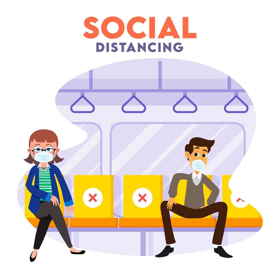 Social distancing concept with man and woman wearing medical mask travelling at the bus or train to prevent from Coronavirus. vector