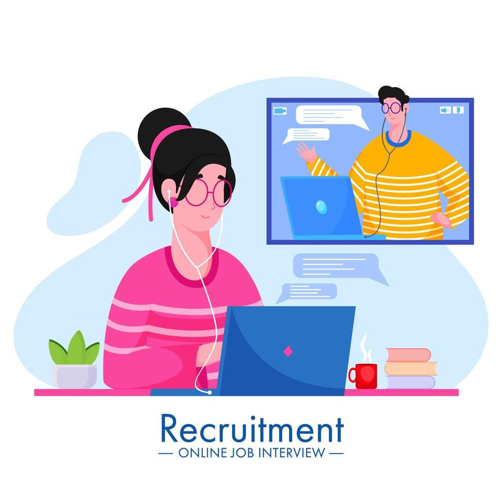 Illustration Of Cartoon Man And Woman Taking Video Calling Each Other For Online Job Interview Recruitment Concept. vector