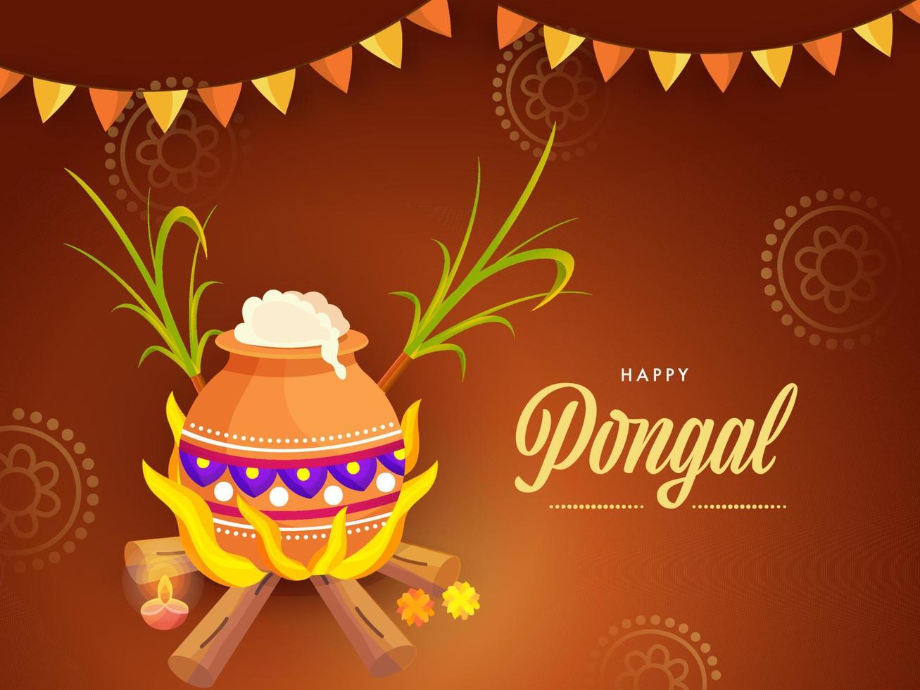 Happy Pongal Celebration Concept With Rice Cooking Clay Pot Over Firewood, Sugarcane And Bunting Flags On Brown Background. vector