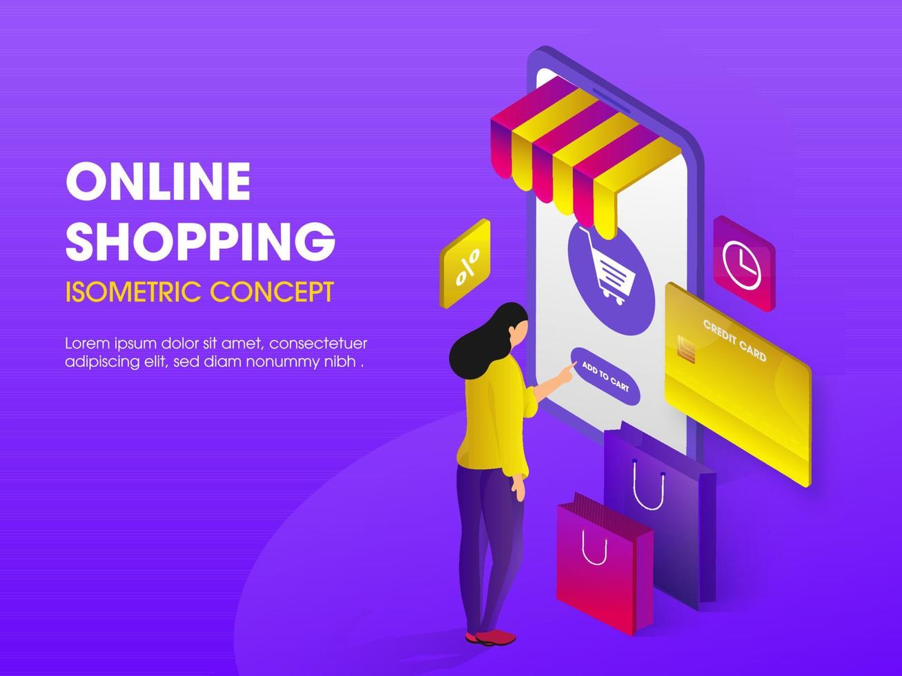 Illustration of Woman Doing Shopping from Smartphone with Percentage Symbol, Timer, Carry Bags and Payment Card for Online Shopping Concept Based Isometric Design. vector