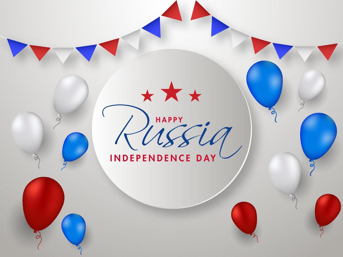 Happy Russia Independence Day Text on Paper Circle Shape Decorated with Bunting Flags and Glossy Balloons in National Tricolor. vector