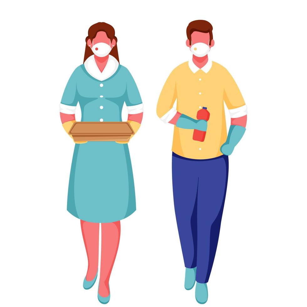 Cartoon Man and Woman wear Protective Mask, holding Parcel with Bottle on White Background For Avoid Coronavirus. vector