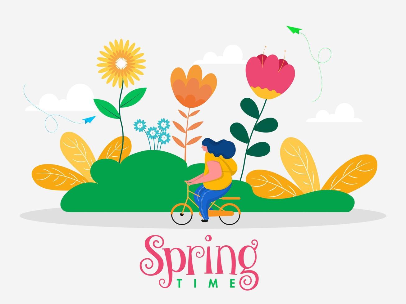 dibujos animados joven niña montando un bicicleta en floral naturaleza antecedentes para primavera. vector