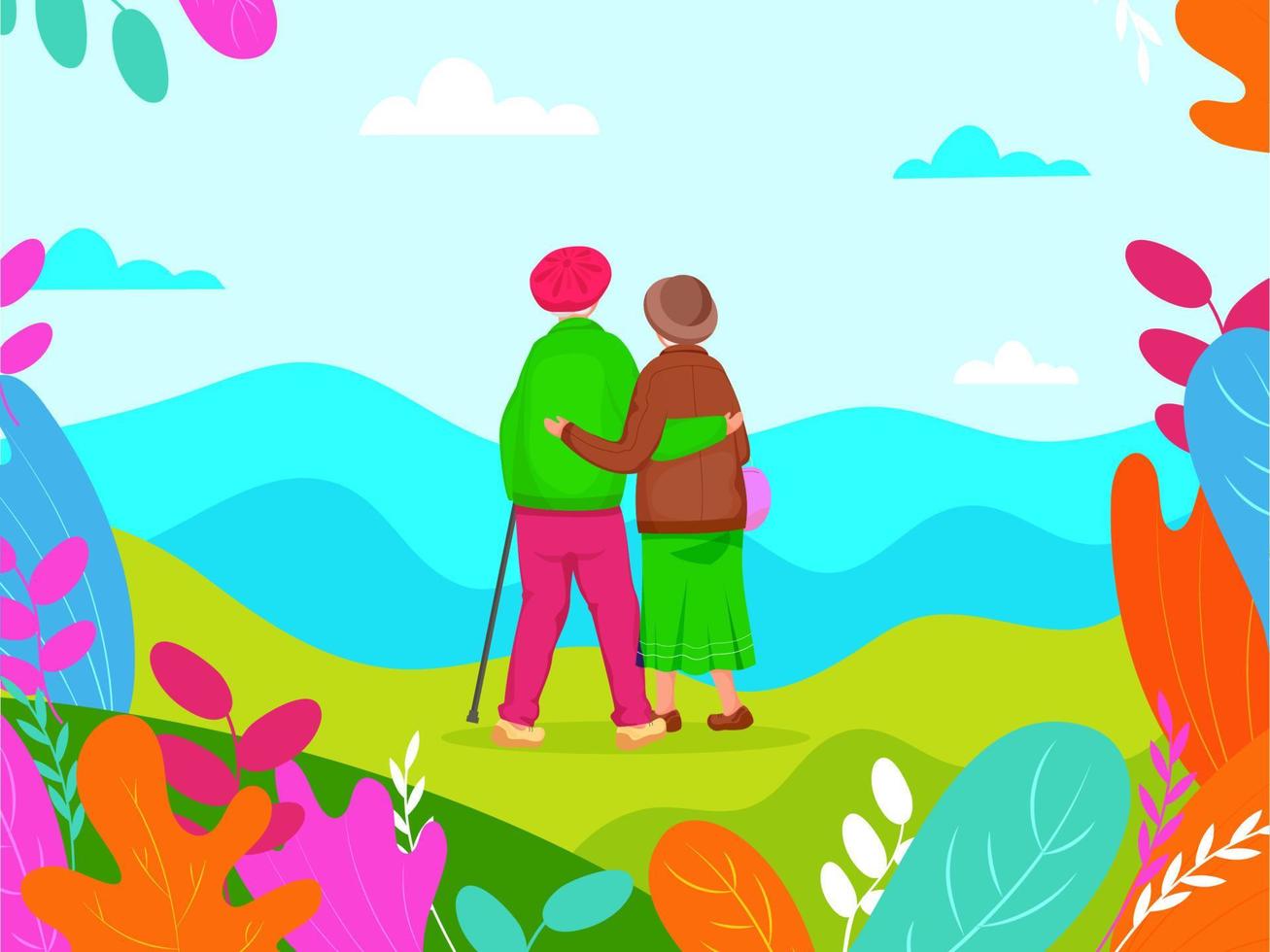 Colorful Nature Landscape Background with Back View of Elderly Couple Hugging. vector